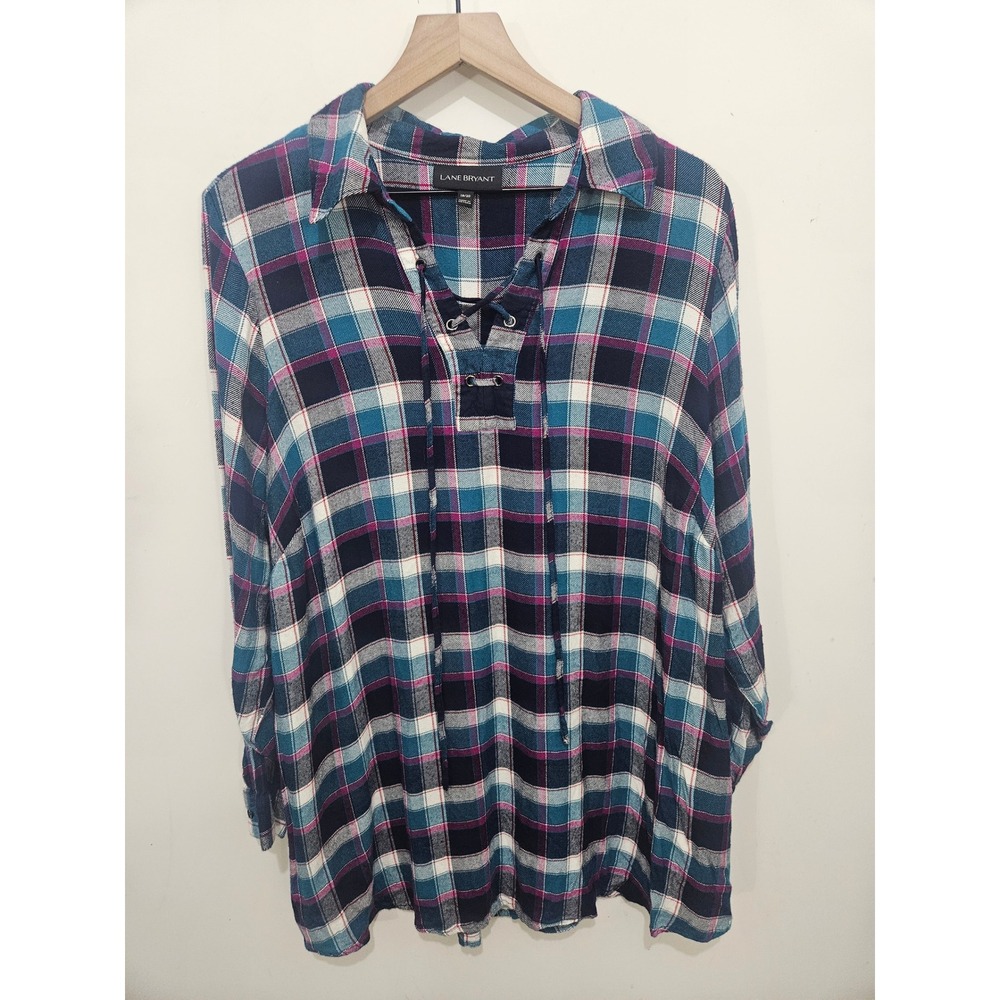 Lane Bryant 18/20 Plaid Lace Up Tunic Top Teal Pink Rayon Plus Size Boho